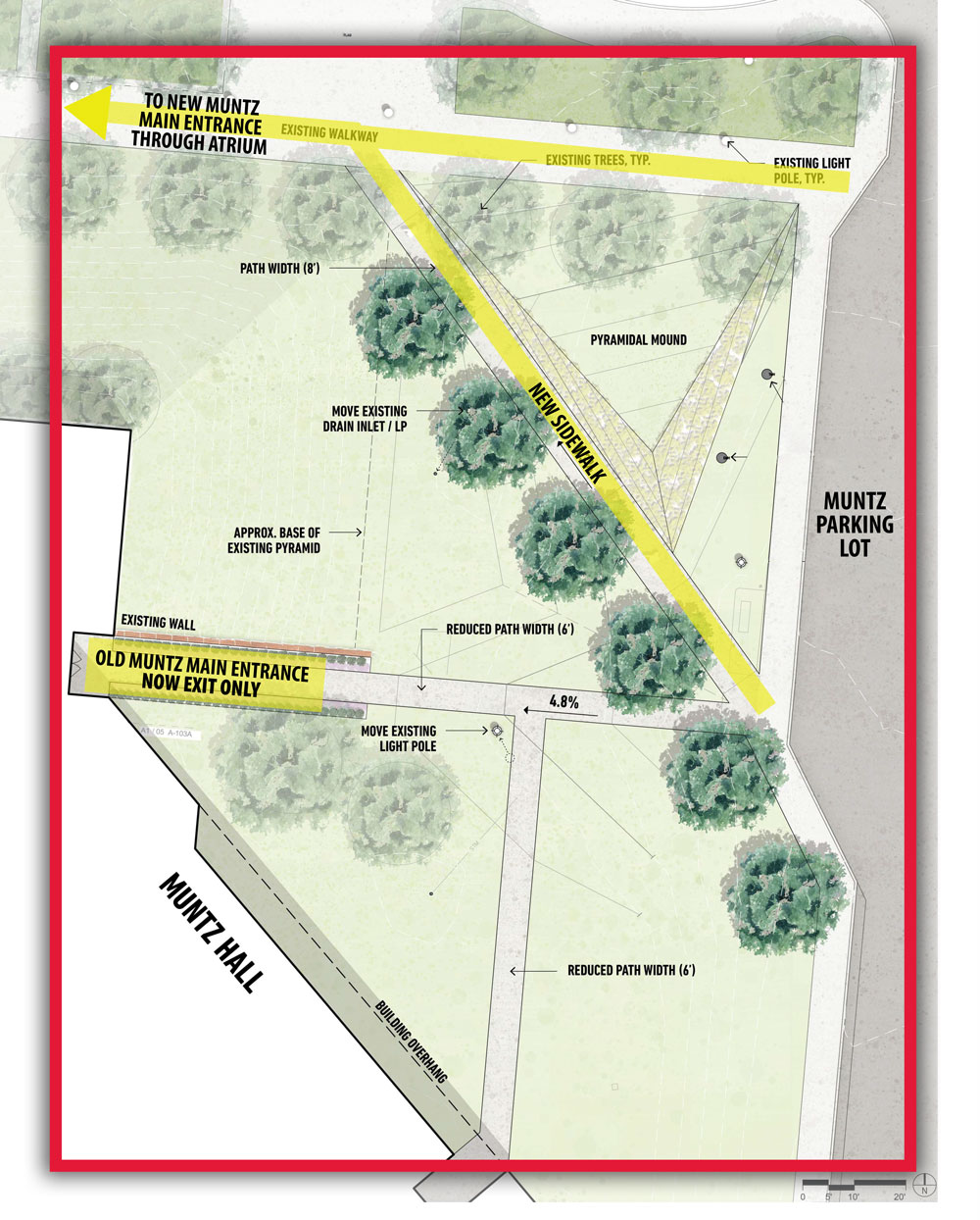 floorplan map of new sidewalks outside Mutz Hall