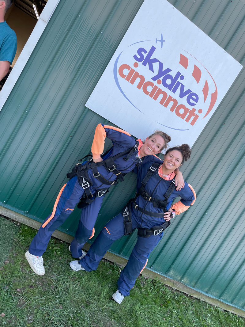 two women in sky diving gear