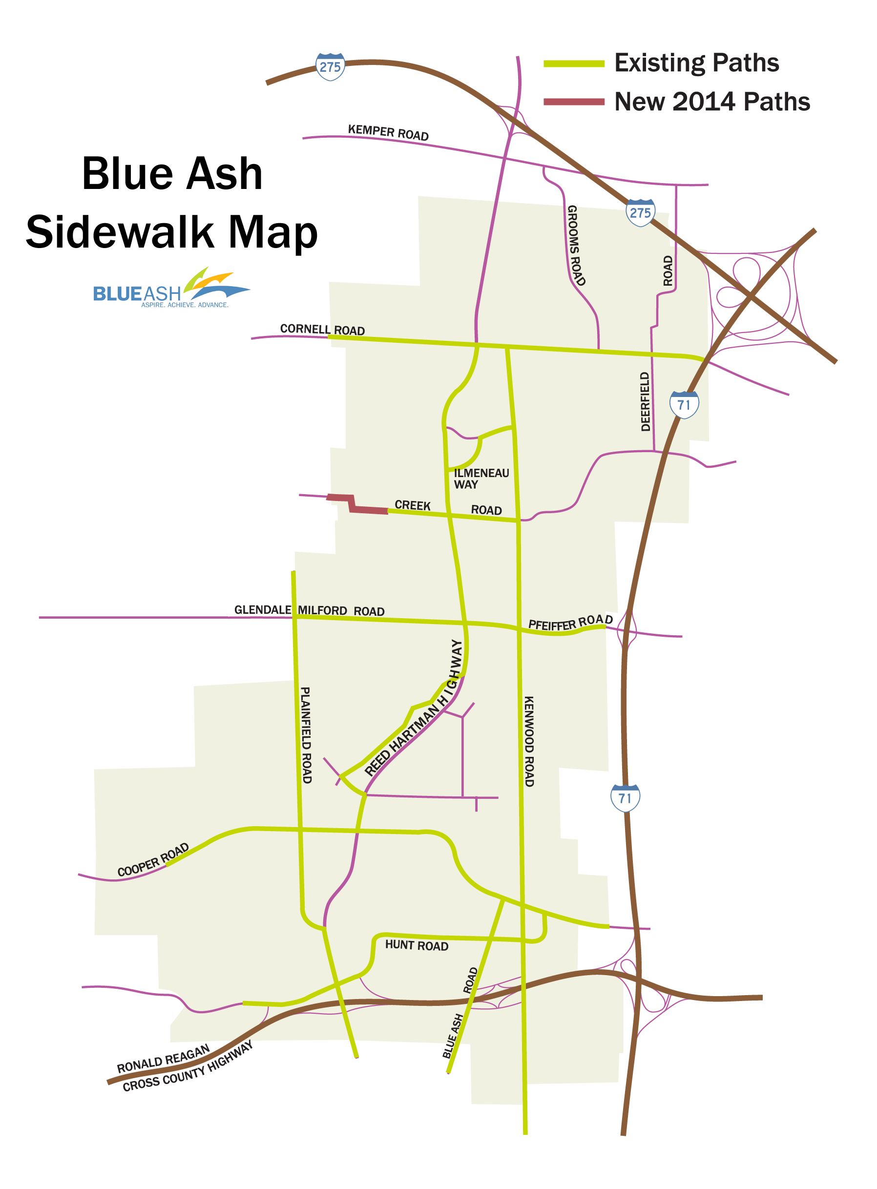 Map of all sidewalks in Blue Ash, Ohio