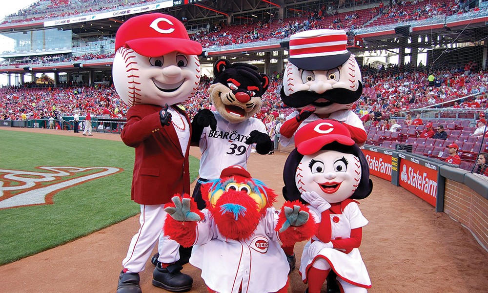 Bearcat mascot with Cincinnati Red baseball mascots at Great American Ballpark