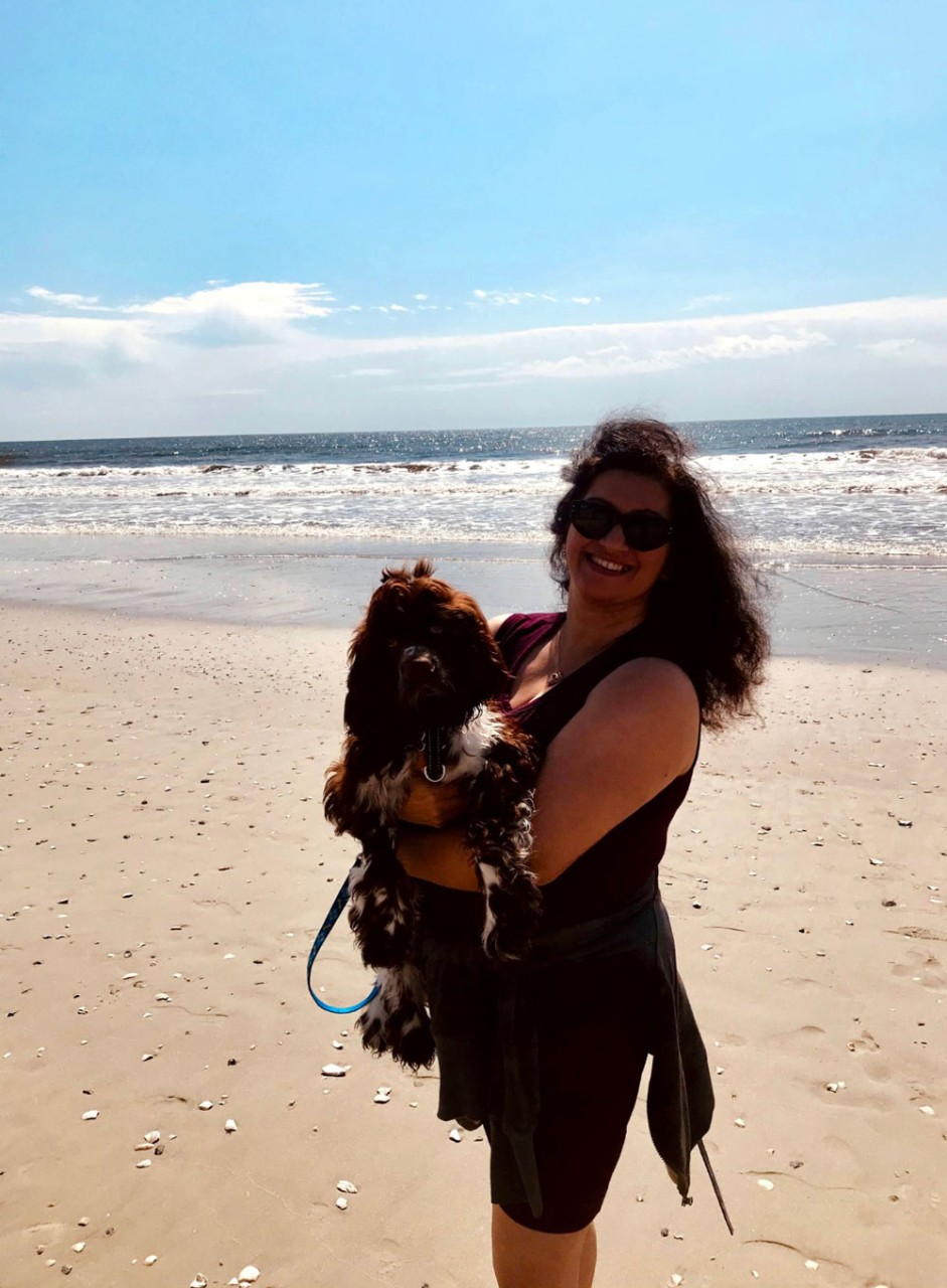 Radhika on vacation in Myrtle Beach with dog